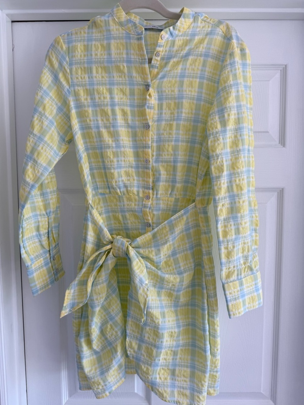 Mango MNG Yellow Blue Plaid Tie Waist Mini Dress Size 4 Cotton Blend - Picture 2 of 8